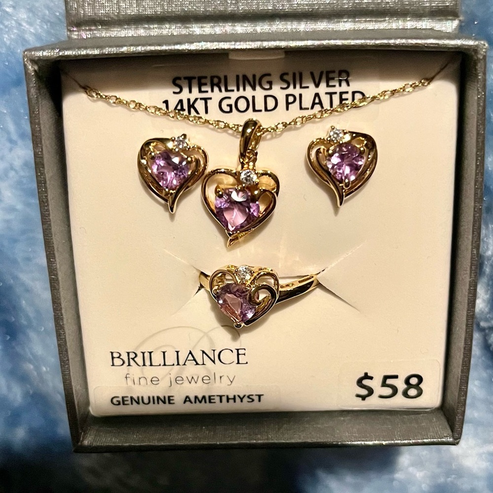 Amethyst sterling silver 14k gold plated ring, earrings and necklace